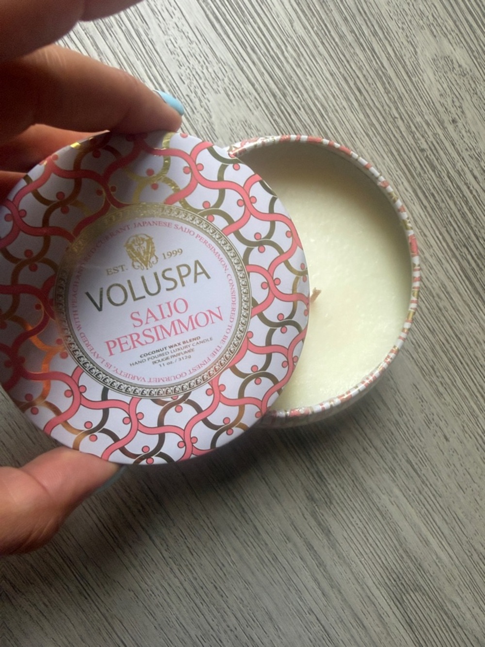 Voluspa Pink and Gold Patterned Tin 2-Wick Candle - Picture 3 of 5